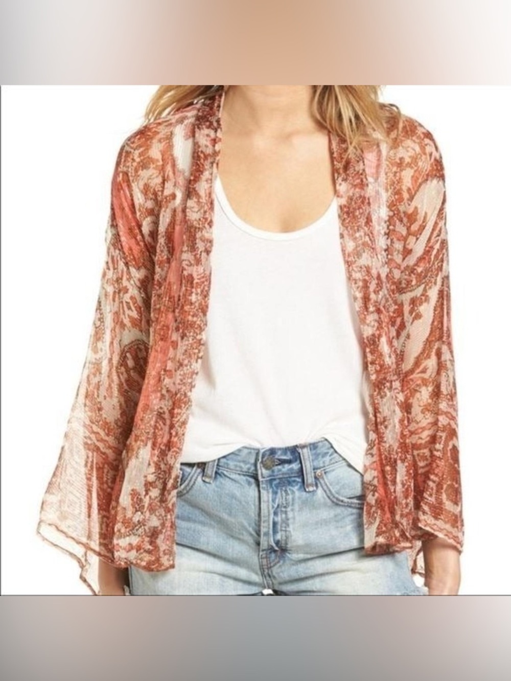✨💛 Free People Fleur De Lis Kimono Sheer Metallic Floral Boho Top Size S NWT